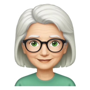 White hair grandma, green eyes, hair to shoulder, lokeg black glasses, rectangles face, smile , sticker