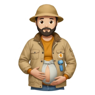 Bearded man rubbing pregnant belly poking out of shirt wearing a tan canvas carhartt jacket with  chinese hat on sticker