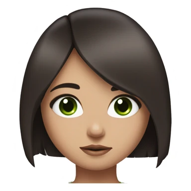 Girl looking like alita angel worrior looking like a cute bunny. Darkbrown hair, green eyes, little nose sticker