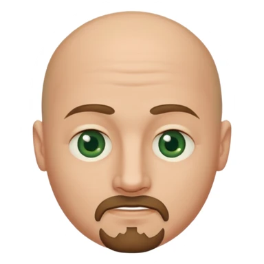 white caucasian bald man's face, with brown  round goatee and dark green eyes, oval face, rounded, big, little eyes a small smile,  sticker