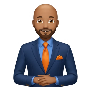 headshot of a sophisticated, stylish, bald head, smiling Caribbean black man with a beard and goatee in a navy blue suit, orange tie sticker