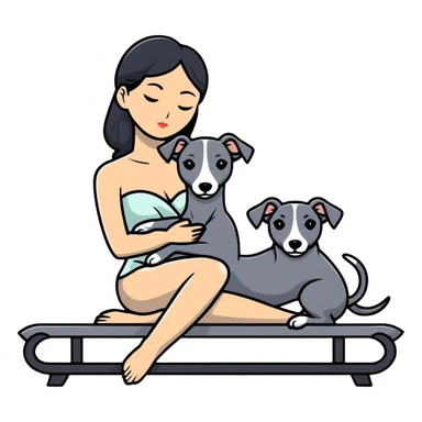 Very thin Chinese woman with long black hair relaxing on a spa lounger with exactly ONE whippet dog. CRITICAL REQUIREMENT: the whippet must be ONE SOLID VERY DARK CHARCOAL GREY (almost black-grey) COLOR from nose to tail with NO WHITE or LIGHT AREAS anywhere - NO white face, NO white muzzle, NO white chest, NO white paws, NO white tail tip - NOTHING BUT A SINGLE SHADE OF VERY DARK GREY throughout the entire animal sticker