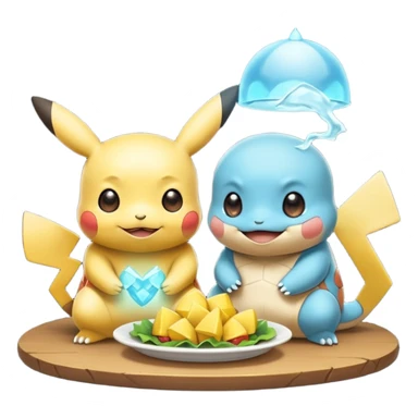  Pikachu has a light to share, but Squirtle has none. Pikachu sees this is unfair, so he shares the light with Squirtle. They smile and eat together. Show this as a cute Pokémon emoji scene about justice and fairness.

 sticker