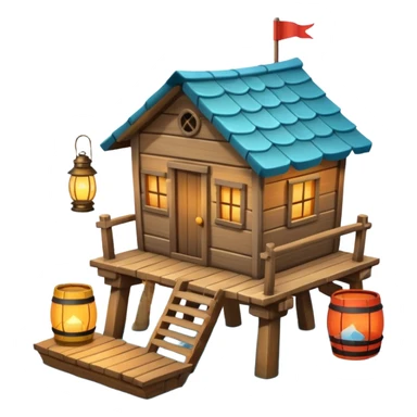 
fisherman house on a wooden pier, small dock, fishing nets hanging, barrels, lantern, ocean vibe, 3D cartoon, cute mobile game icon, clean background, no text
 sticker