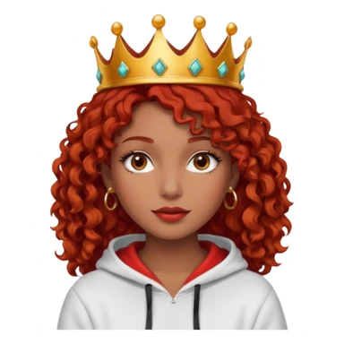 Slim girl with a fine face, dark chocolate-colored and tanned skin, medium-length curly tomato-red hair, dark eyes, medium-thick eyelashes, and a crown and hoop earrings wearing a white hooded sweatshirt.
 sticker