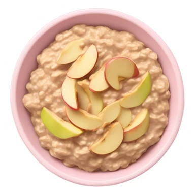 A light pink bowl with oatmeal and aesthetic apple slices spread along one side and peanut butter drizzled on the top sticker
