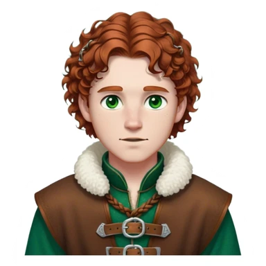 Medieval winter outfit worn by a DnD themed fantasy male character. Rich brown leather-trimmed wool tunic with sheepskin lining, featuring intricate metal buckles at the collar, paired with a heavy braided belt. Clothes only above the waist, full waist coverage. The character has no arms. Character is white-skinned with auburn hair, emerald green eyes, and short curly hair beneath a light dusting of snow. sticker