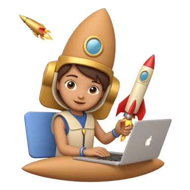 3D clay character with laptop and small rocket launching, cute rounded style, deep green (#0B3D2C), gold rocket, cream laptop, soft shadows, transparent background sticker