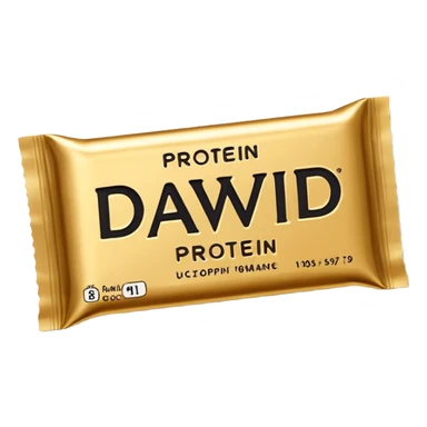protein bar gold wrapper that says David on it in black font with a small brown box on it  sticker