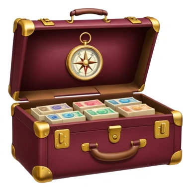 burgundy travel suitcase with multi-colored stamps on it and a gold compass sticker