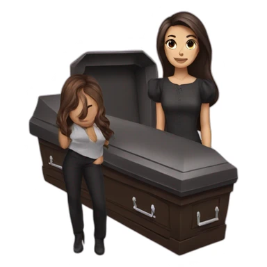 brunette next to a coffin sticker