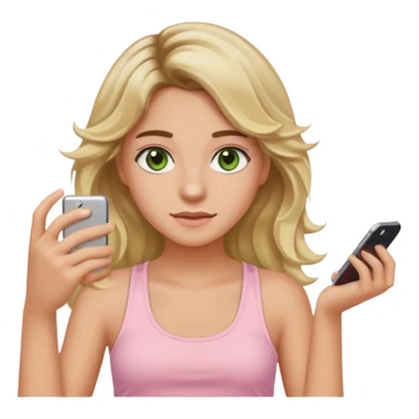 20-year-old girl with long wavy hair brown roots blonde highlights green eyes brown eyebrows good summer tan iPhone emoji style can you make her wear a light pink tank top sticker