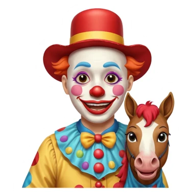 a crying but smiling and showing a peace sign clown face riding a horse sticker