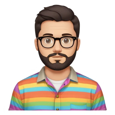 a 30-year-old man with light skin, medium solid build, wide face, soft cheeks, rounded jawline, neutral relaxed expression, short dense full beard, wavy voluminous brown-black hair at the front, large rectangular black thick frame glasses, colorful button-up shirt open showing white t-shirt sticker