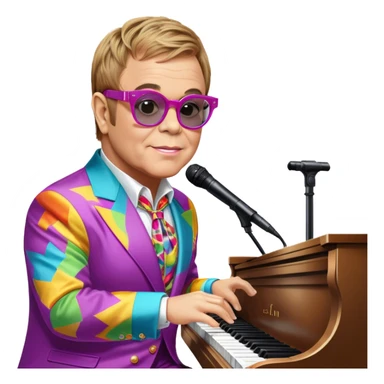 Pop music icon: Elton John at the piano in signature glasses and colorful outfit, George Michael holding a microphone in stylish attire. Stage lights and musical notes in the background. Transparent background. sticker