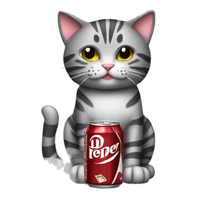 Gray striped cat with a dr pepper can sticker