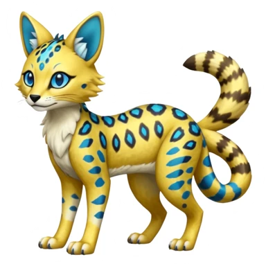 Colorful Golden Gold Shiny Lombax-Sergal-Vernid-Serval-Civet-Genet-Pokémon-Digimon-Fakémon-fusion-hybrid-creature with Cyan stripes and blue leopard-spot-markings  sticker