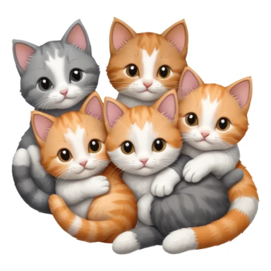 6 tiny kittens cuddling together all various different natural colours including solid grey with white mittens, grey and white, ginger and white, calico, and brown and white sticker