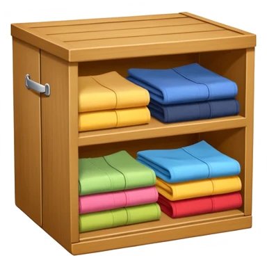 wooden storage box with folded clothes organized in compartments emoji style sticker
