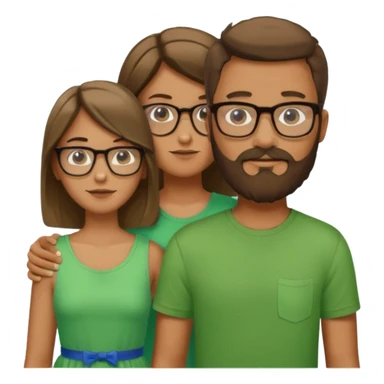 A family consisting of a man who's bearded, tanned, wearing glasses, a woman, slightly tanned, and a 14 year old teenage boy, slightly tanned, wearing a green t-shirt sticker