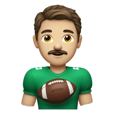 boy with brown hair and blue eyes with a moustache. wearing a green shirt. holding an american football  sticker