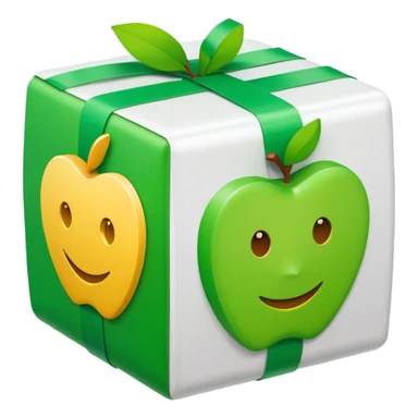 large cube-shaped box completely wrapped in bright green tape, with two white labels on top and front, apple style emoji sticker