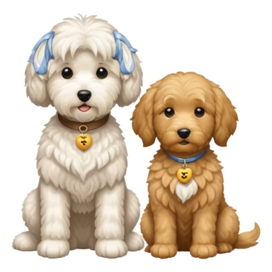 A small white Maltese and a big goldendoodle sitting beside each other  sticker