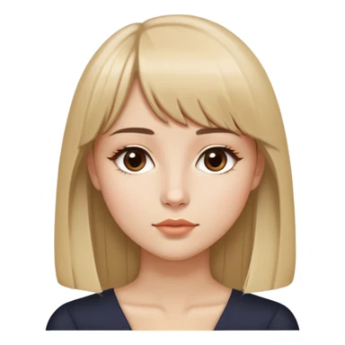 young woman, long straight blonde hair parted in the middle with bangs, almond-shaped brown eyes, brown eyebrows, oval face with a refined jawline, small nose, medium lips, seated sideways, sharp collarbone, profile view, sticker
