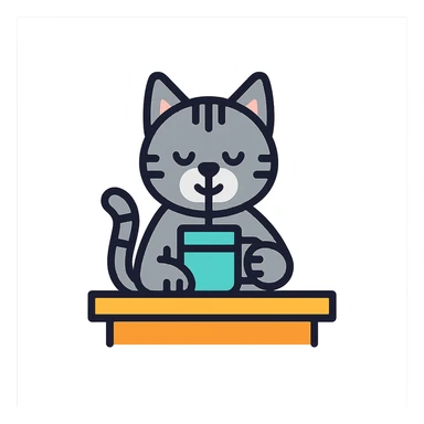 A gray striped cat sitting at a table drinking water from a mug sticker