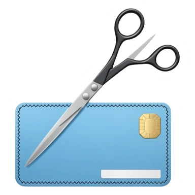 Floating black Scissors cutting a light blue military ID card in 2 parts .hyper realistic sticker