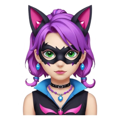 Girl with green eyes, wearing a bat mask with pink stones around her eyes, her hair tied in a ponytail, the hair is purple with blue and pink streaks, with black cat ears with pink stones around, wearing a black shirt that covers the neck, and a sleeveless blue jacket, and a necklace of pink stones sticker