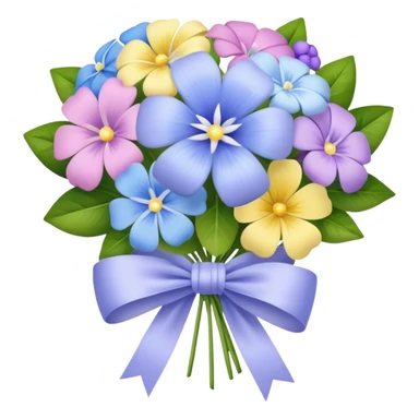 Periwinkle bouquet with assorted pastel flowers, tied with a white bow sticker