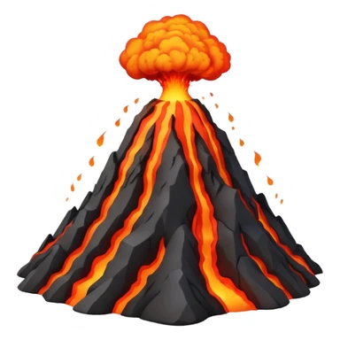 Apple-style 3D emoji of an erupting volcano, dark rocky mountain with a bright red lava flow and glowing orange eruption at the top, some smoke coming out, colorful and cartoonish but realistic enough, no background sticker