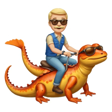 Mustachioed man with sunglasses riding a salamander on a river sticker