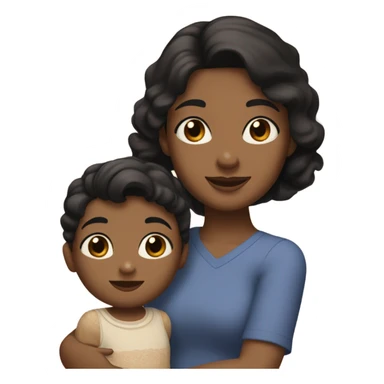 Girl with black hair on her shoulders, round eyes and dark browns, with a headband and a little hair on her forehead, holding a two-year-old boy in her arms, half brown and light brown eyes and wavy with half brown blond hair sticker