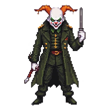 evil clown soldier, bald, black horns on forehead, angry expression, showing fangs, pointed ears, eye patch over one eye, long coat over black and military green clothes with bellbottom pants, tail, holding a different style of whip, realistically proportioned, less bulky, full body, fighting stance sticker