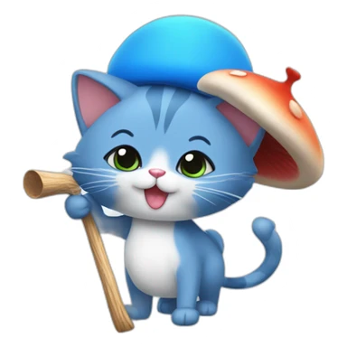  Cute Blue Cat NO ears wearing a mushroom cap carrying a stick in one arm sticker