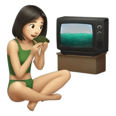 Girl watching television eating toasted seaweed sticker