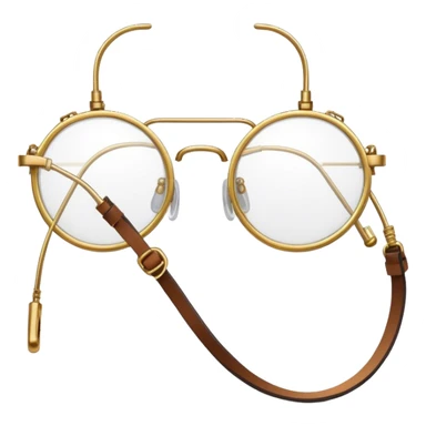Circular brass wire frame spectacles with leather side straps and adjustable metal bridge connected to curved temple hooks transparent sticker