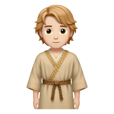 Medieval spring outfit worn by a DnD themed fantasy male character. Wheat-colored wool tunic with subtle herringbone weave pattern, cinched with a braided fabric sash. Clothes only above the waist, full waist coverage. The character has no arms. Character is white-skinned with light chestnut hair, golden brown eyes, and medium-length wavy hair. sticker