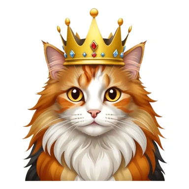 calico maine coon cat with orange, black and white patches wearing a golden crown sticker