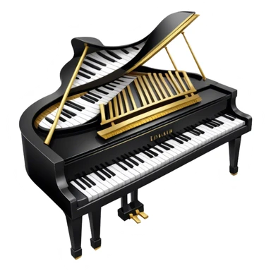 Create an elegant and festive emoji collage representing keyboard instruments, styled like a heraldic emblem. The design should feature a central focal point of black and white piano keys, arranged in a semi-circular or shield-like shape. Around the piano keys, add intertwining musical notes that form flowing ribbons, creating a dynamic and celebratory atmosphere. The design should be professional, with polished silver and gold accents on the keys and notes, highlighting the luxury and sophistication of the instruments. Add subtle shading and lighting effects to give the design a refined, 3D appearance. The background should remain transparent, and the overall feel should evoke grandeur, artistry, and a sense of celebration. sticker
