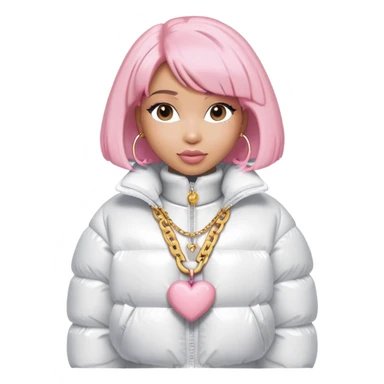 nicki minaj with a light pink bob and an all white outfit with a white puffer coat and a big oversized heart neck chain  sticker