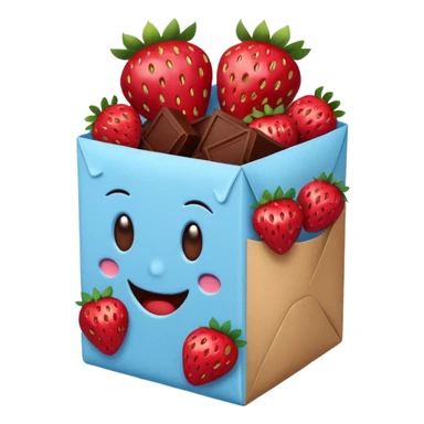 a pale blue package surrounded by strawberries dipped in chocolate, emoji style sticker