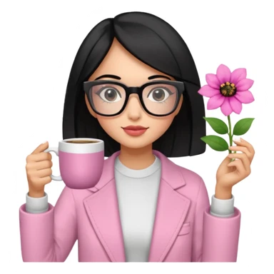 Chica de pelo negro ojos negros y piel morena con lentes oversize square con ropa bonita m pantallas pequenas de cristal , en la mano derecha una taza de cafe en color rosa con una flor negra de diseno. Sentada mirando la television. sticker