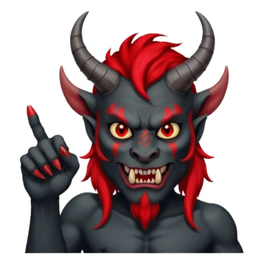 демон с чёрной как уголь кожей, красными клыками, двумя красными рогами торчащими у него изо лба, красной гривой и глазами показывает пальцем в нас sticker