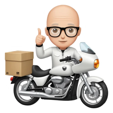 Homem careca de óculos com armação de cor preta, mostrando o dedo polegar, em cima de uma motocicleta de cor branca e com um baú caixa na cor branca. sticker