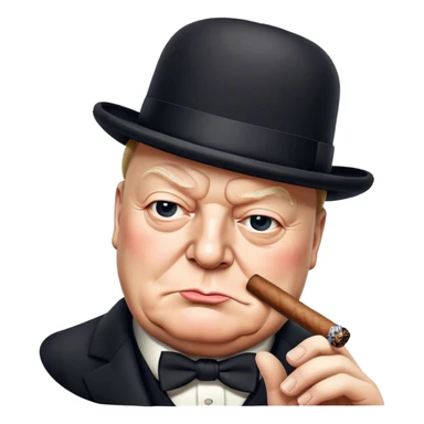 Cinematic Realistic Winston Churchill Portrait Emoji, depicted as a resolute British statesman with a signature bowler hat and a cigar, exuding determined leadership and wartime valor, rendered with lifelike textures and dramatic vintage lighting that captures his iconic British spirit. sticker
