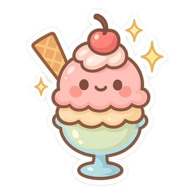 chibi sticker-style ice cream sundae with sparkles, cute and exaggerated sticker