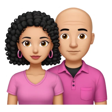 A picture if a couple. the man is a Mexican man with  black hair, a bald hair cut and black shirt on. the woman is mixed with black and white, with curly shoulder length hair and a pink shirt on sticker